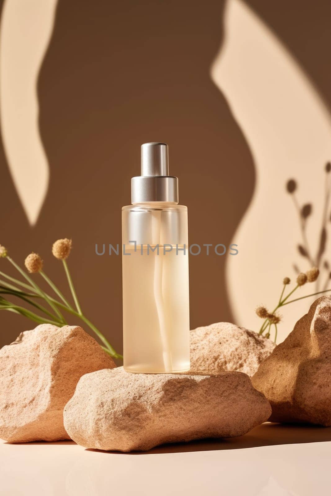 skincare. glass Cosmetic bottle on stone podium beige background with copy space. AI Generated