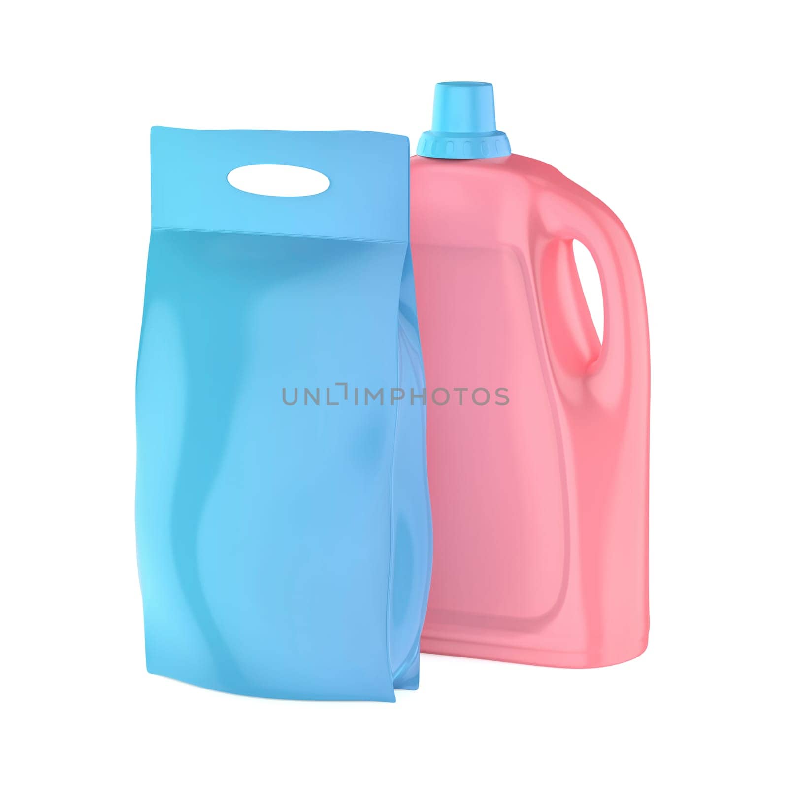 Pink liquid detergent bottle and blue washing powder bag on white background