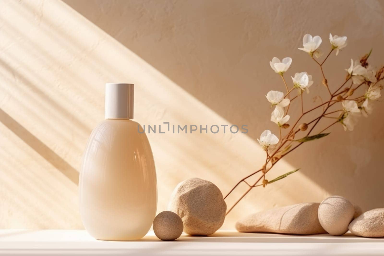 skincare. glass Cosmetic bottle on stone podium beige background with copy space. AI Generated