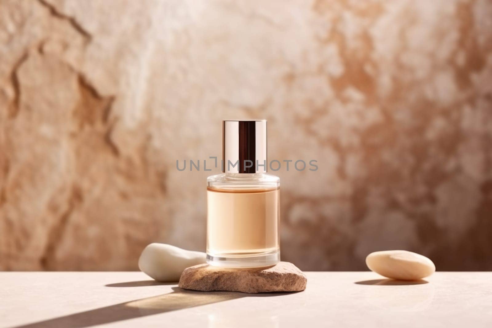 skincare. glass Cosmetic bottle on stone podium beige background with copy space. AI Generated