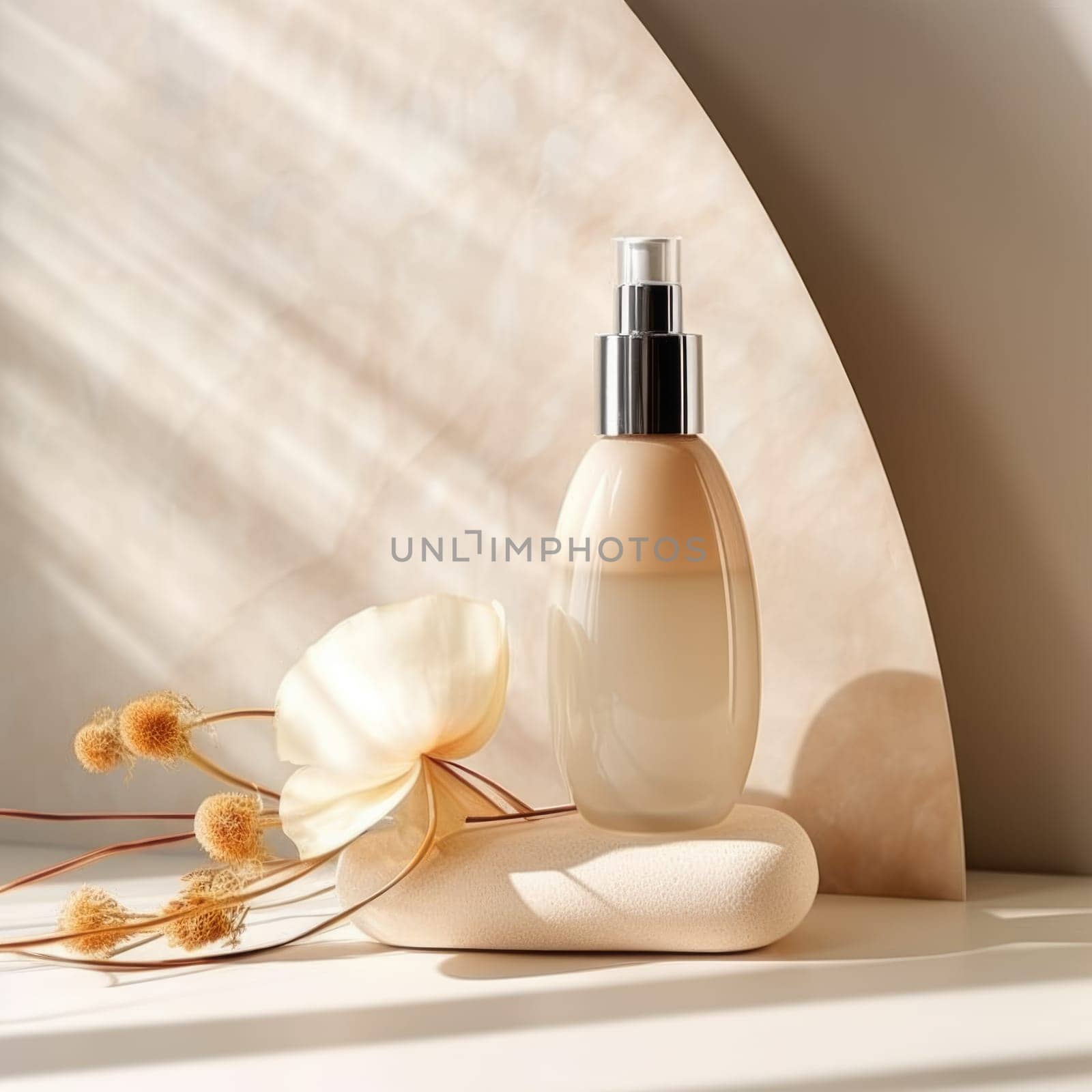 glass Cosmetic bottle on stone podium beige background with copy space. AI Generated by Desperada