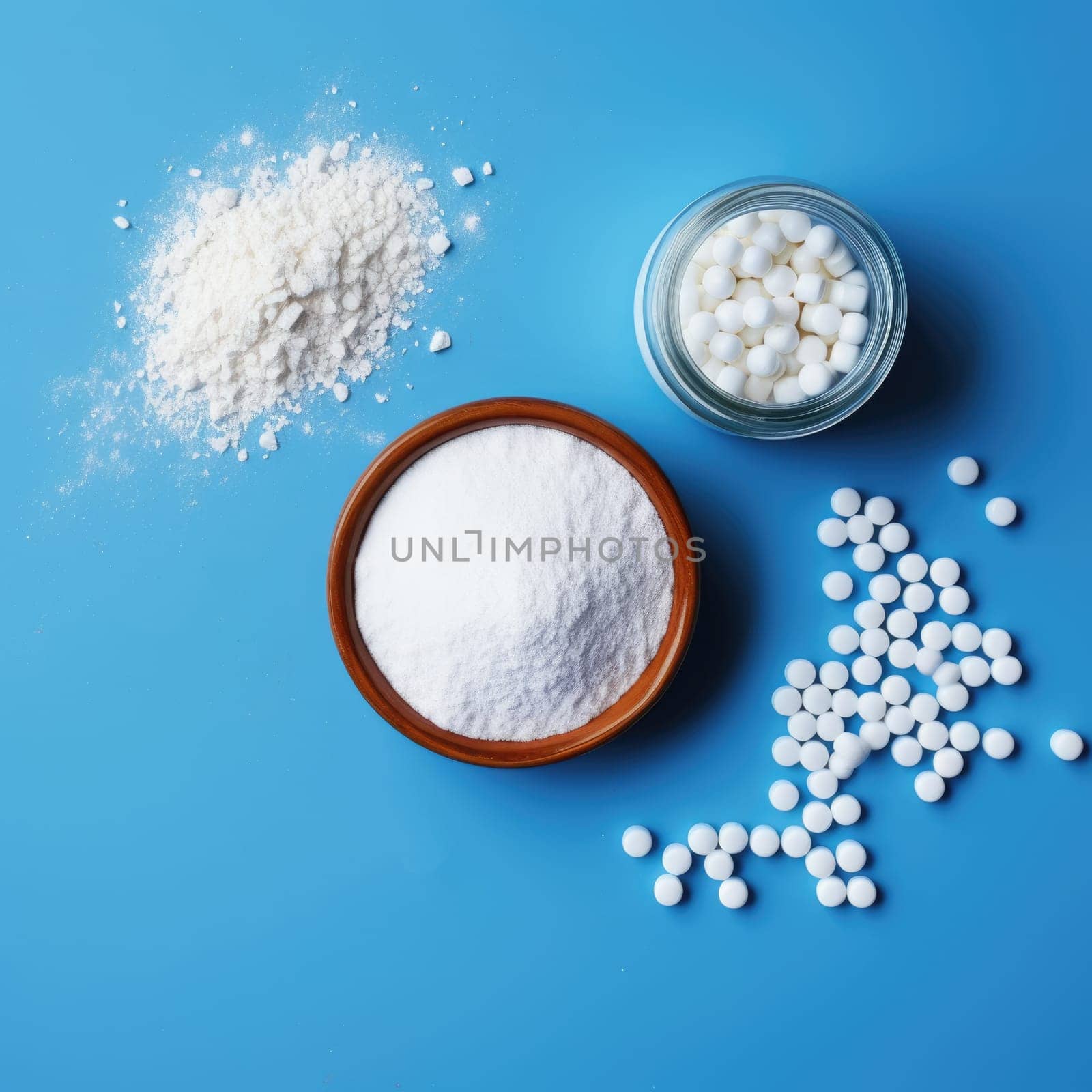 Collagen powder and pills on blue background. Top view. AI Generated