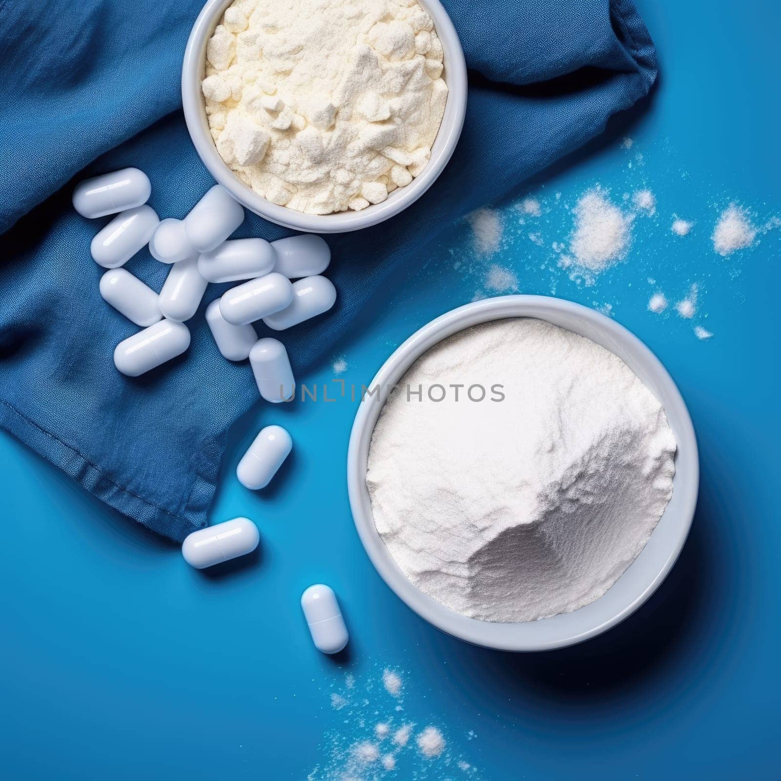 Collagen powder and pills on blue background. Top view. AI Generated