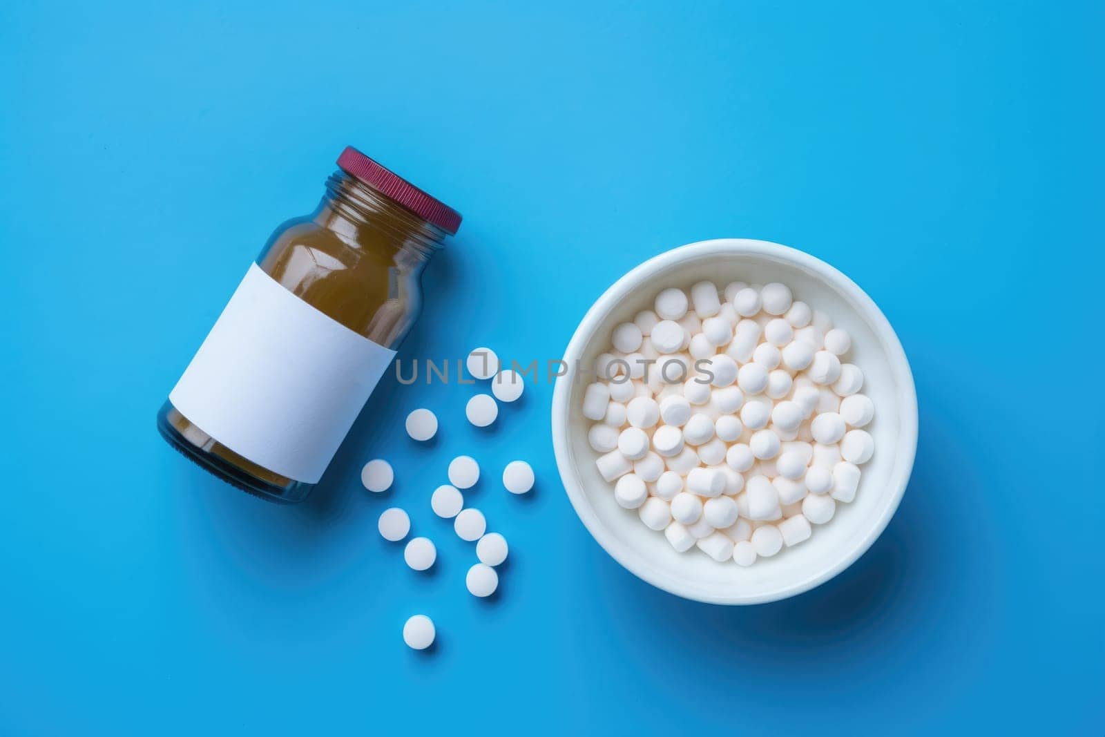 Collagen powder and pills on blue background. Top view. AI Generated