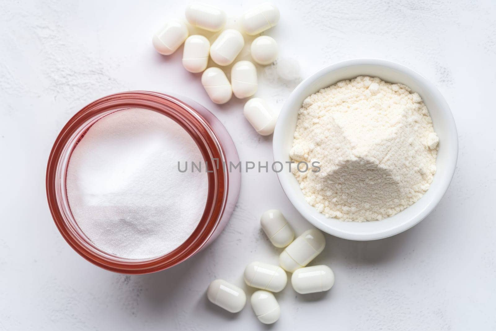 Collagen powder and pills on white background. Top view. AI Generated by Desperada