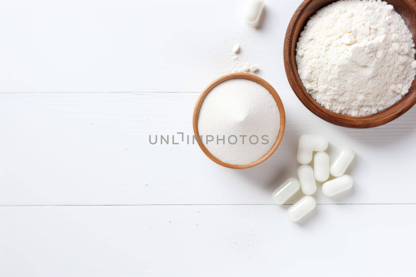 Collagen powder and pills on white background. Top view. AI Generated