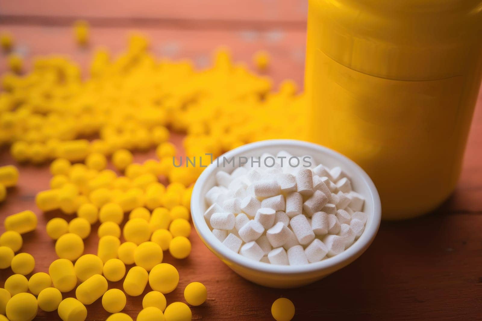 Collagen powder and pills on yellow background. Top view. AI Generated