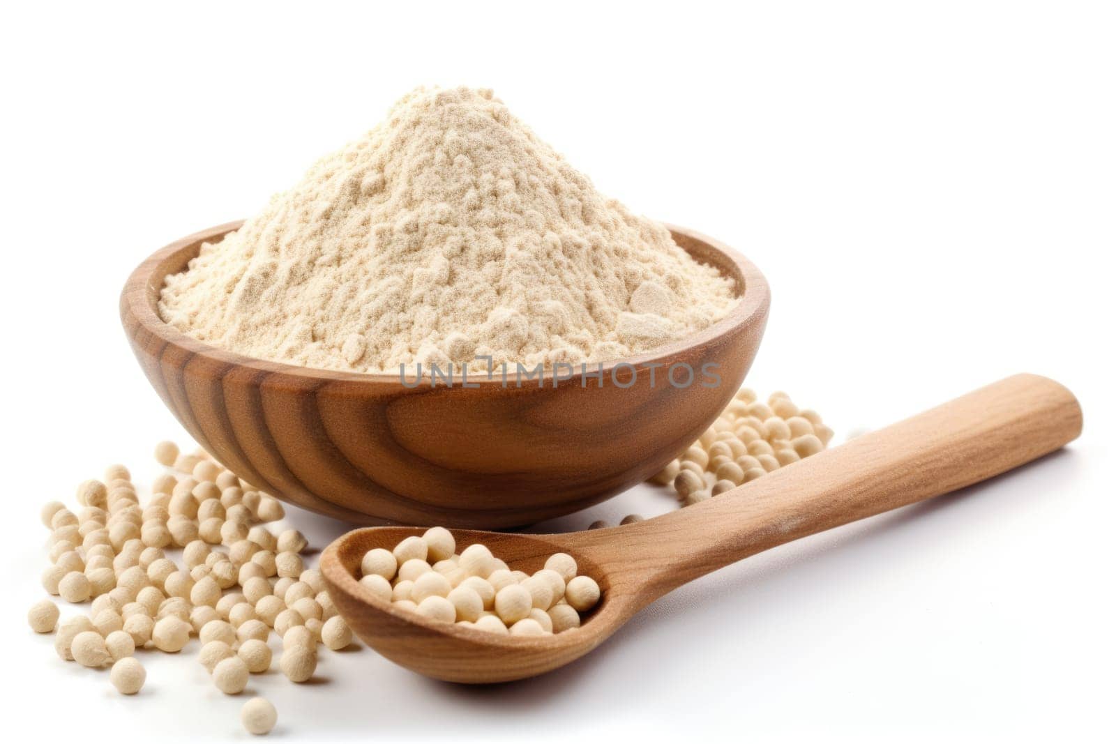 Plant base protein. Pea Protein Powder in plastic scoop with fresh green Peas on white Background, isolated. AI Generated