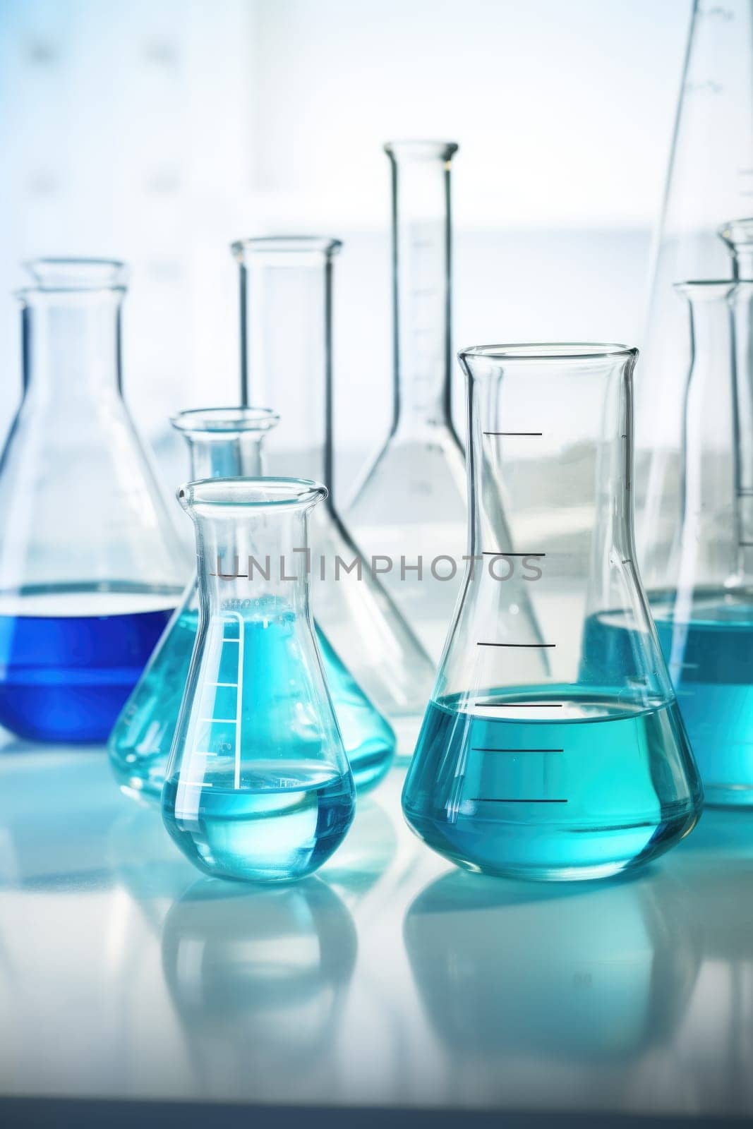 Laboratory equipment beakers and flasks with blue liquids with backlight in different group. AI Generated