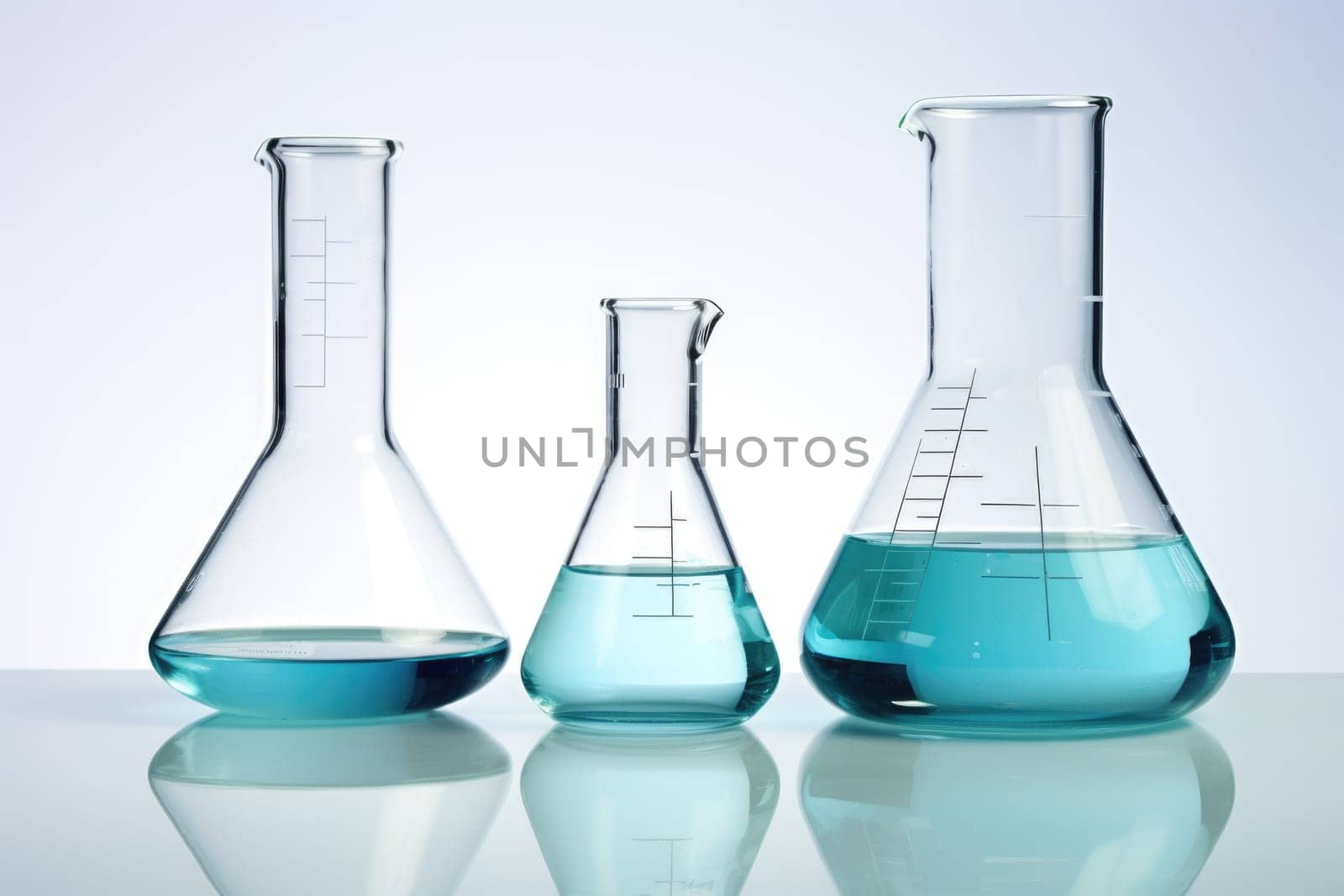 Laboratory equipment beakers and flask with backlight in different group. AI Generated by Desperada