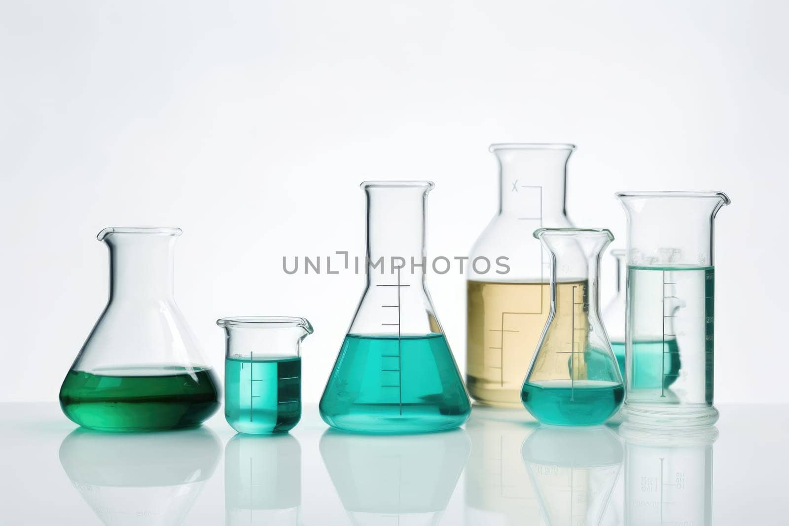 Laboratory equipment beakers and flasks with blue liquids with backlight in different group. AI Generated