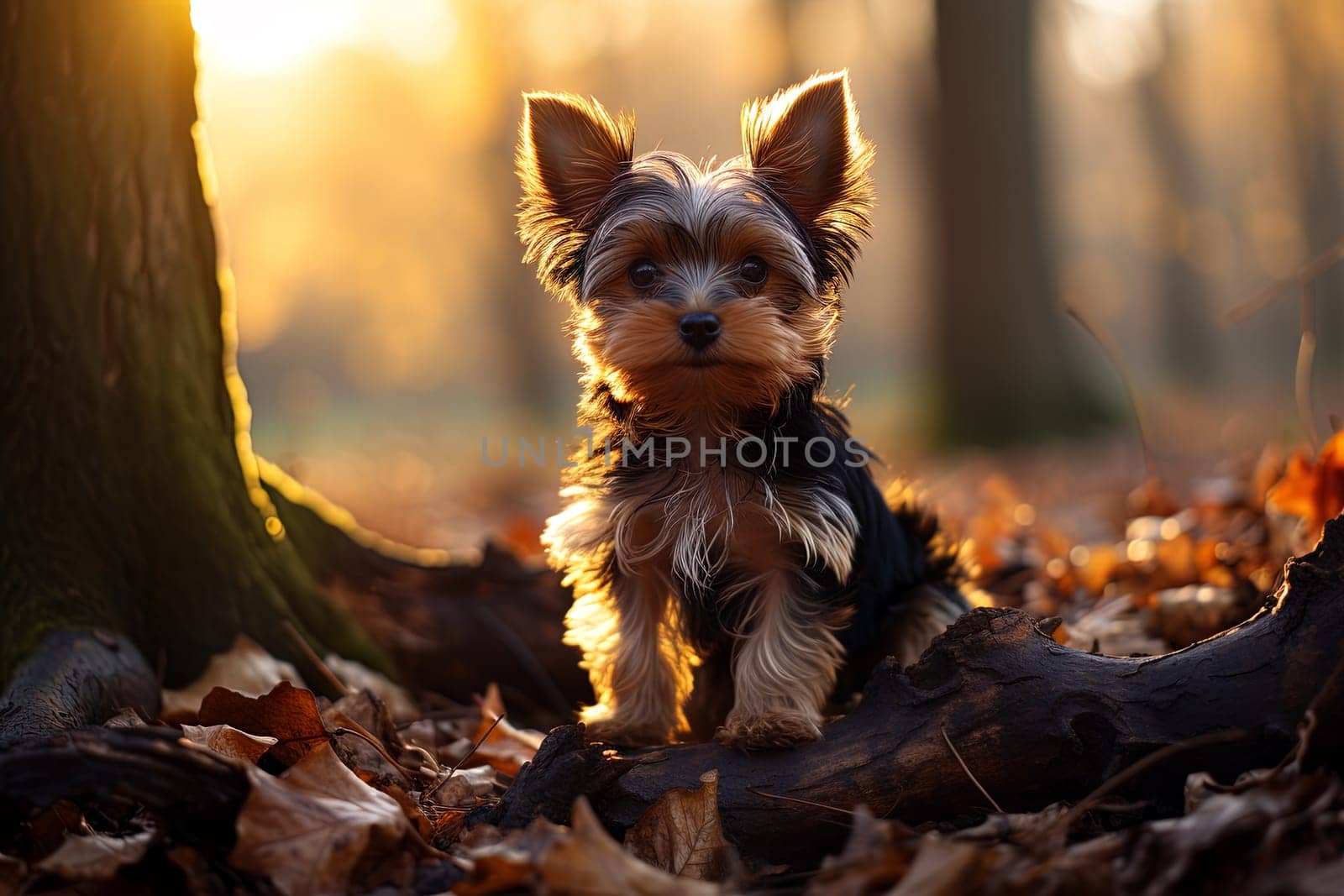 Yorkshire terrier puppy. close-up portrait, against the background of nature. Ai generative art