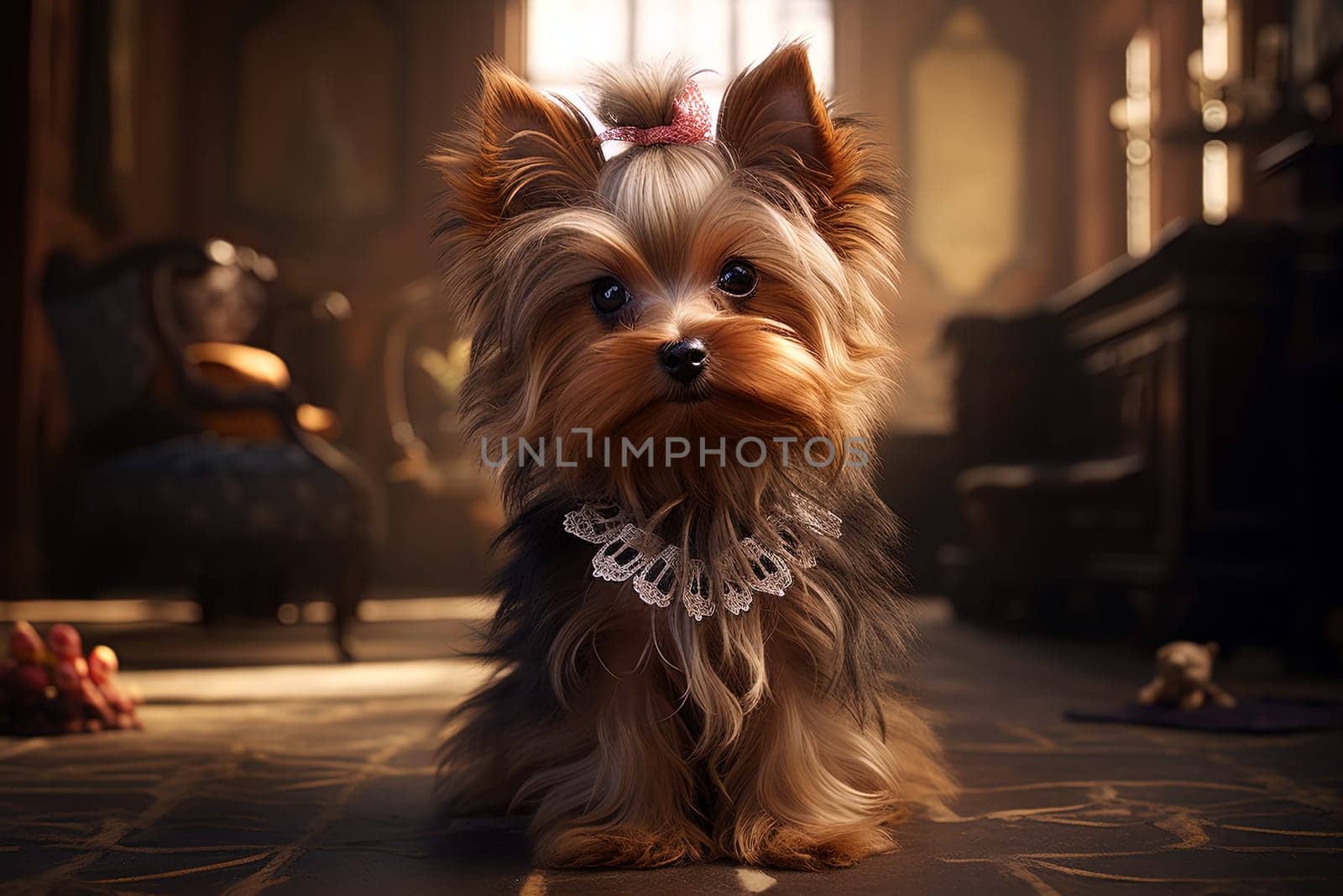 Yorkshire terrier puppy. close-up portrait, against the background of nature. Ai generative art