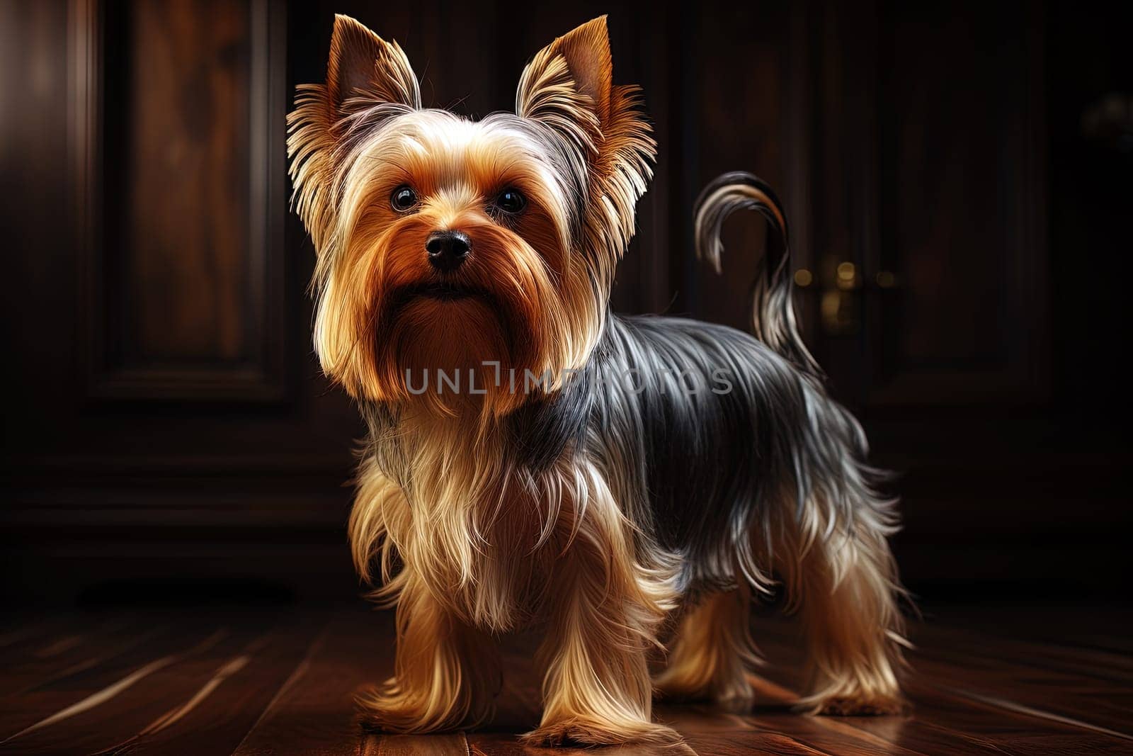 cute Yorkshire Terrier puppy, close-up portrait, against a wooden wall, Ai generative art