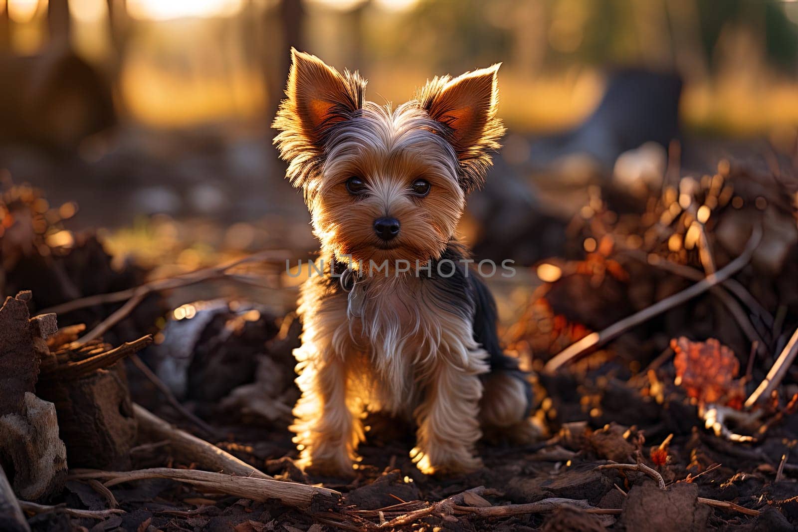 Yorkshire terrier puppy. close-up portrait, against the background of nature. Ai generative art