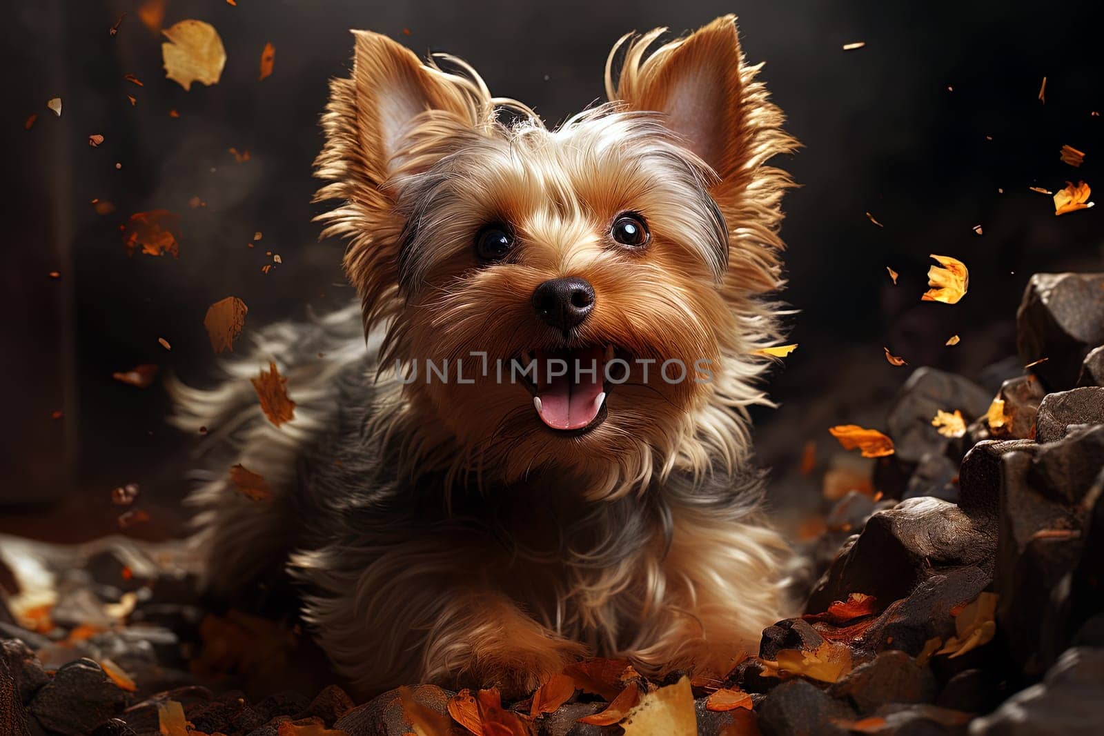 Yorkshire terrier puppy. close-up portrait, against the background of nature. Ai generative art