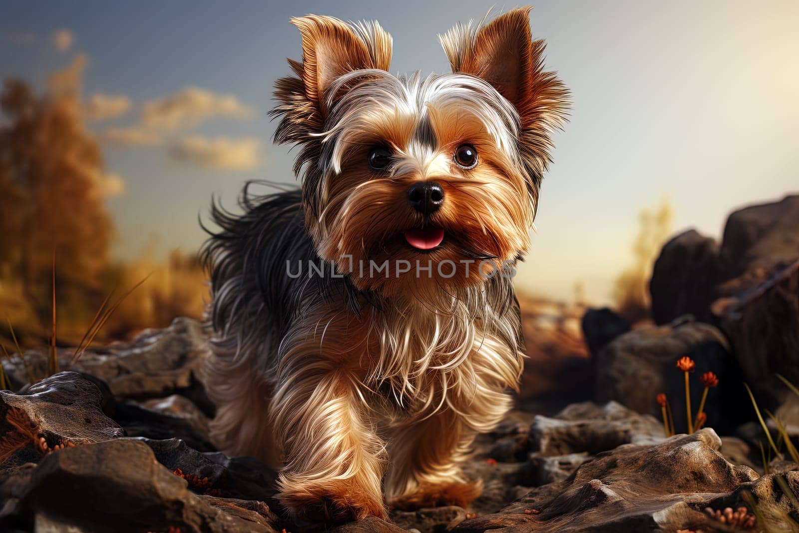 Yorkshire terrier puppy. close-up portrait, against the background of nature. Ai generative art