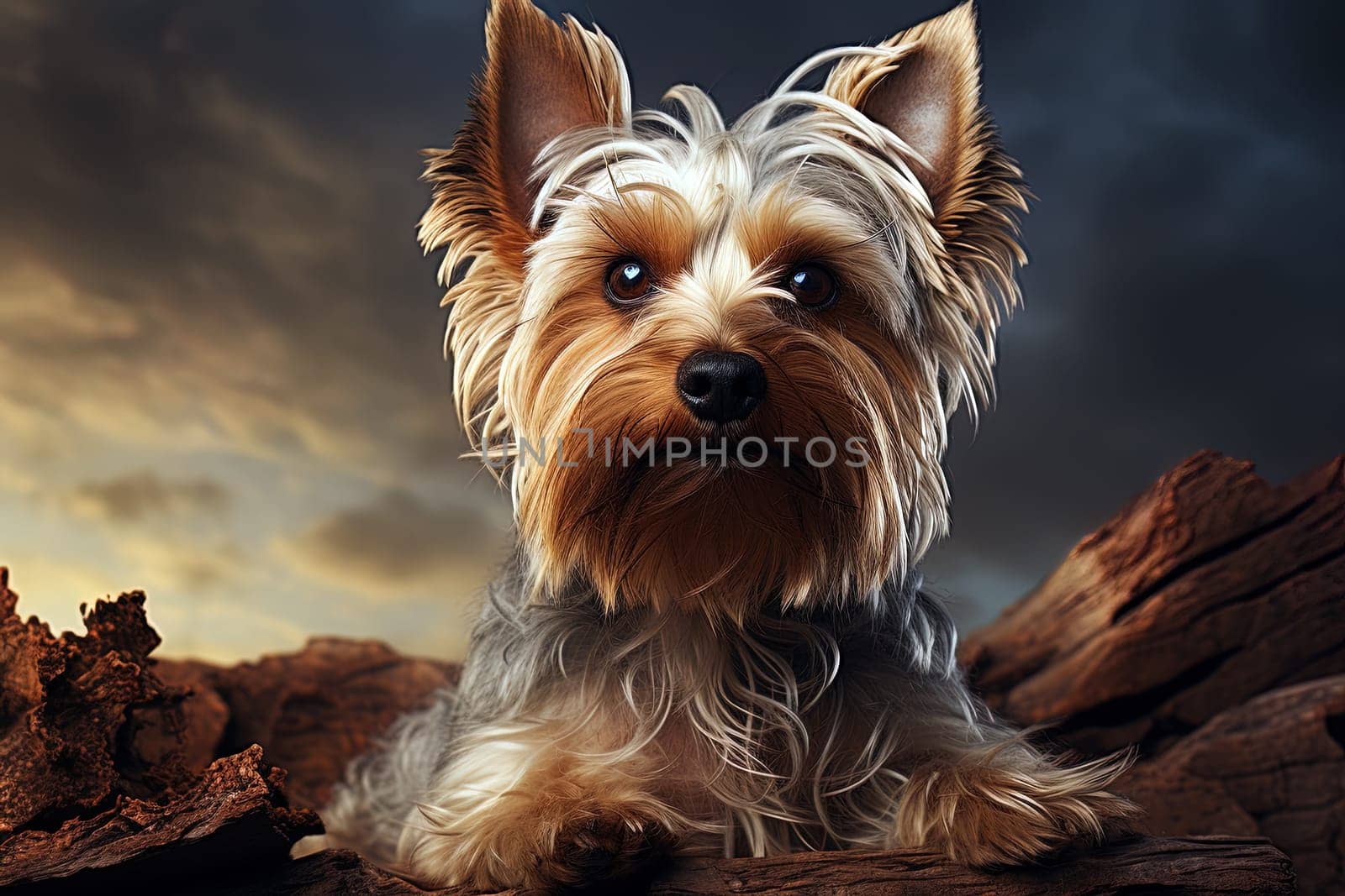 Yorkshire terrier puppy. close-up portrait, against the background of nature. Ai generative art