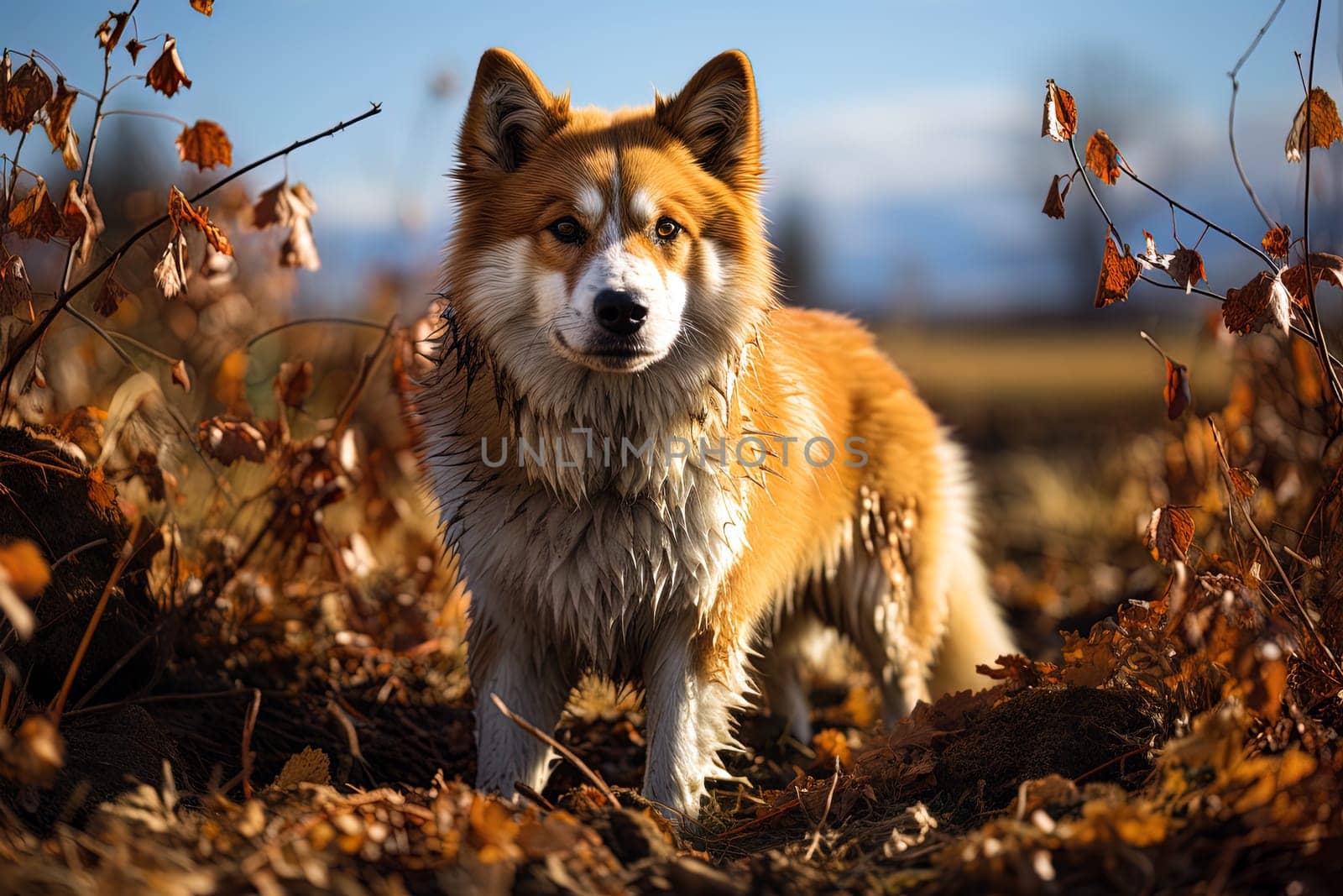 portrait of a red American akita dog on autumn foliage, natural light, outdoors, warm filter, ai generative art