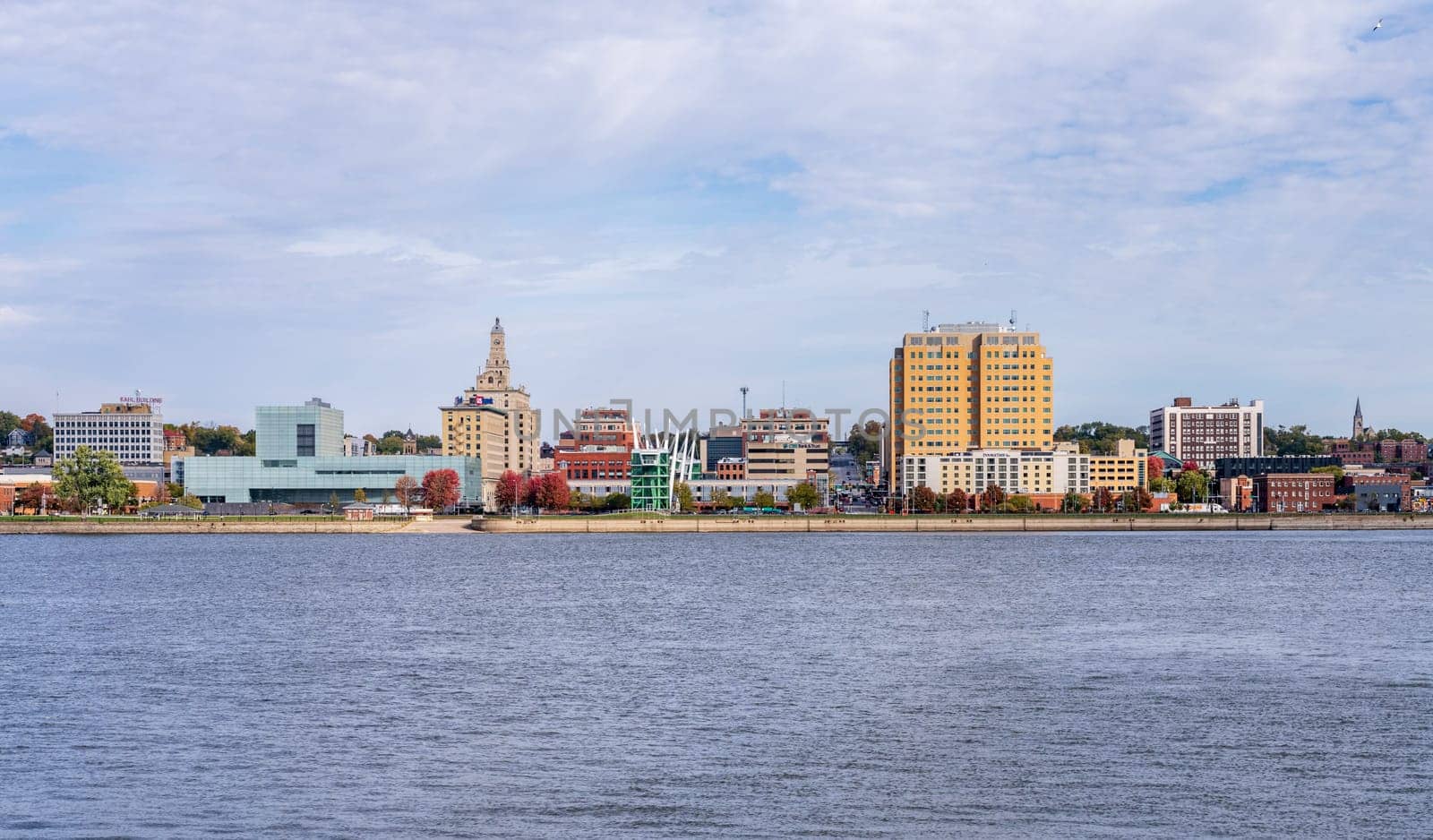 Davenport, IA - 18 October 2023: Panorama of downtown Davenport with Figge Art Museum along Mississippi River in Iowa