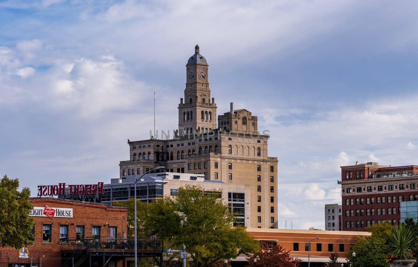 Davenport, IA - 18 October 2023: Davenport City Hall rises above downtown in skyline of the city
