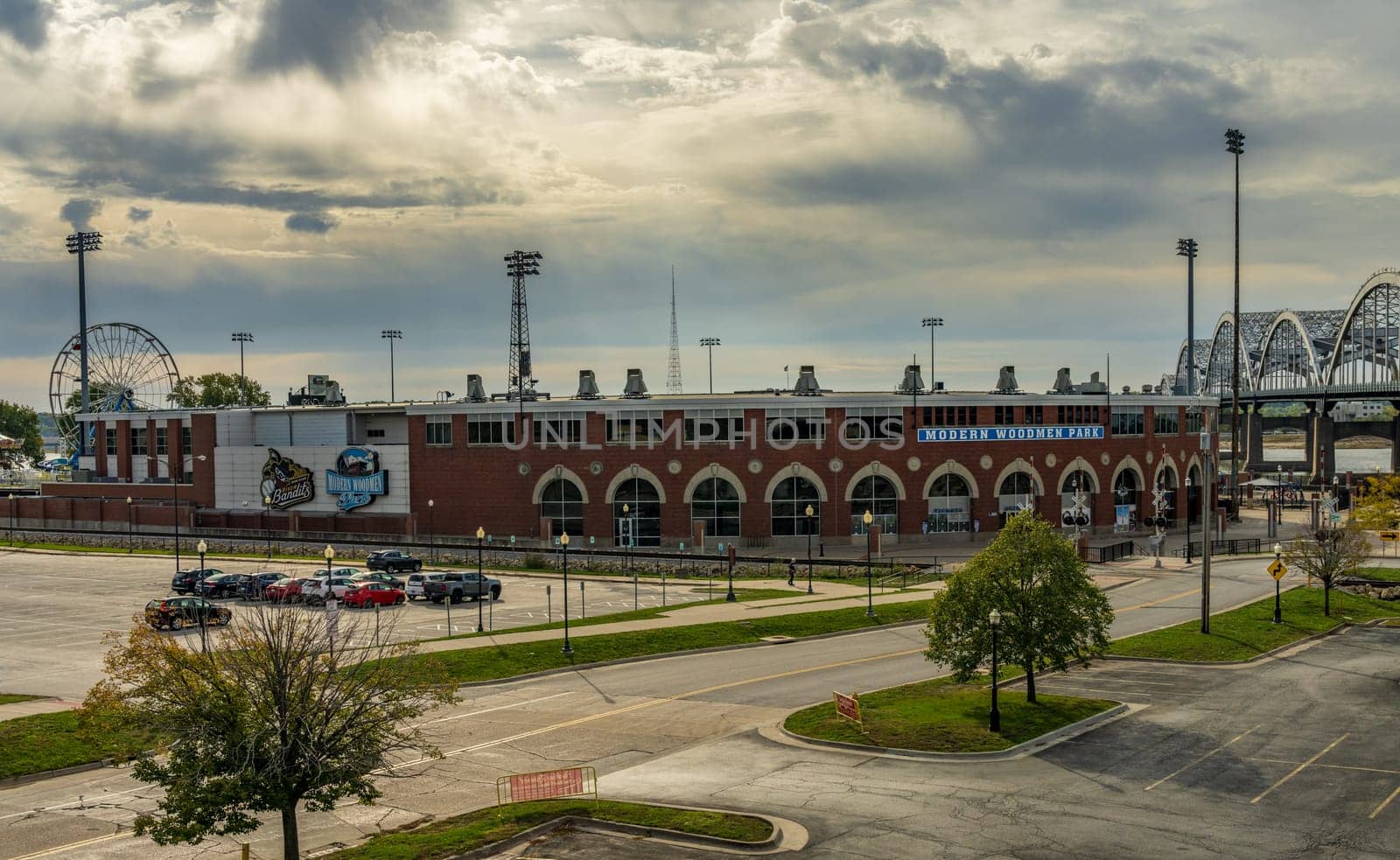 Davenport, IA - 18 October 2023: Exterior and entrance to the Modern Woodmen Park baseball stadium