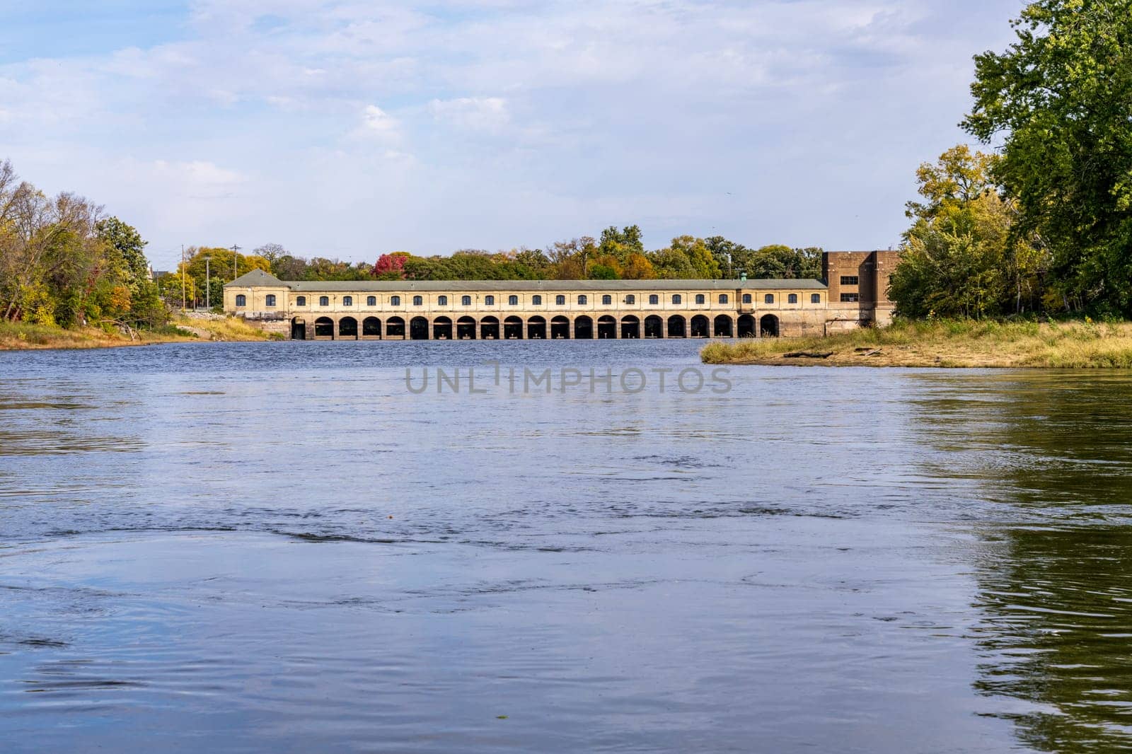 Dam across River Mississippi with to Rock Island from Sylvan Island in Illinois across from Davenport Iowa