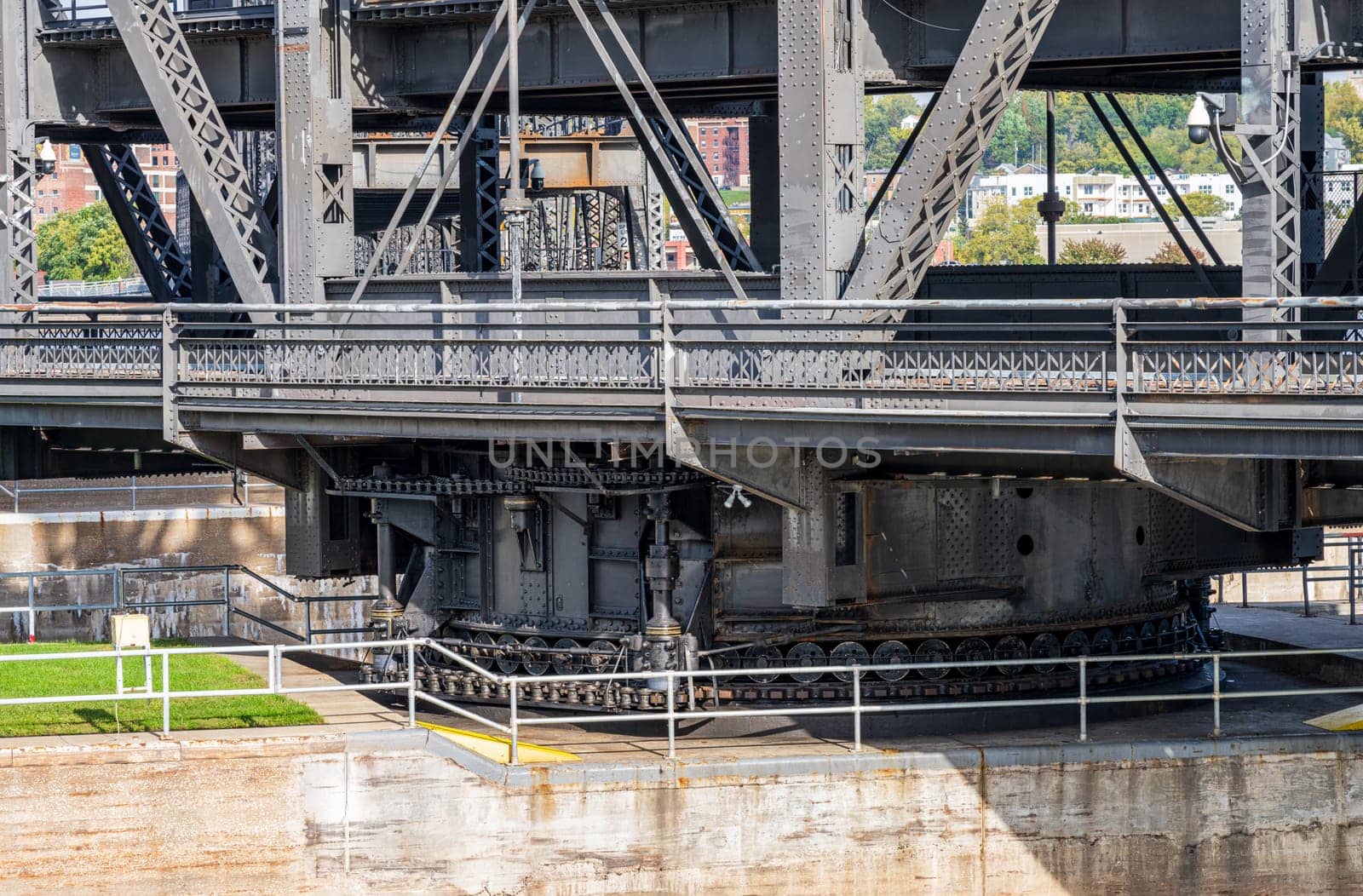 Detail of gears on historic swing span of the Arsenal or Government bridge swings open over the Lock and Dam No. 15 in Davenport, Iowa