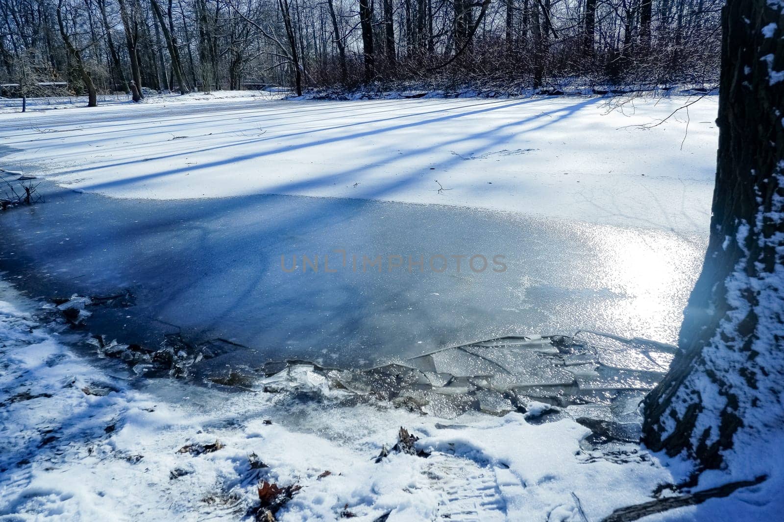 Winter is a frozen river on a sunny day. Good fishing spot