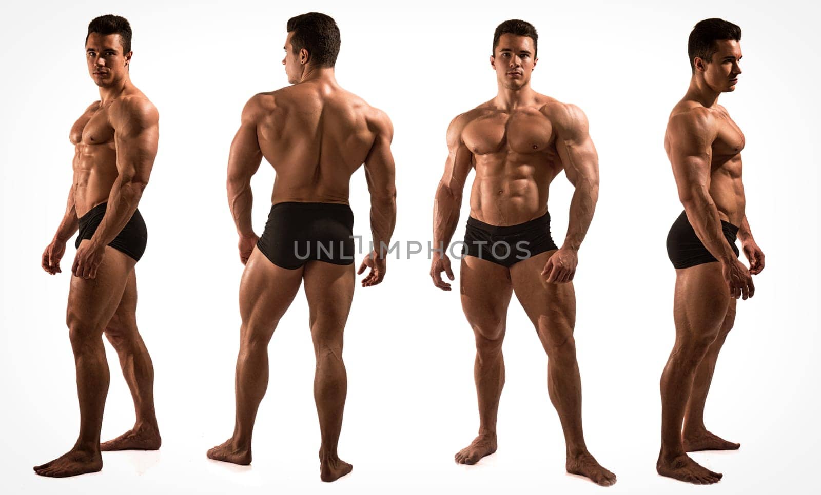 Four views of muscular shirtless male bodybuilder: back, front and profile shot by artofphoto