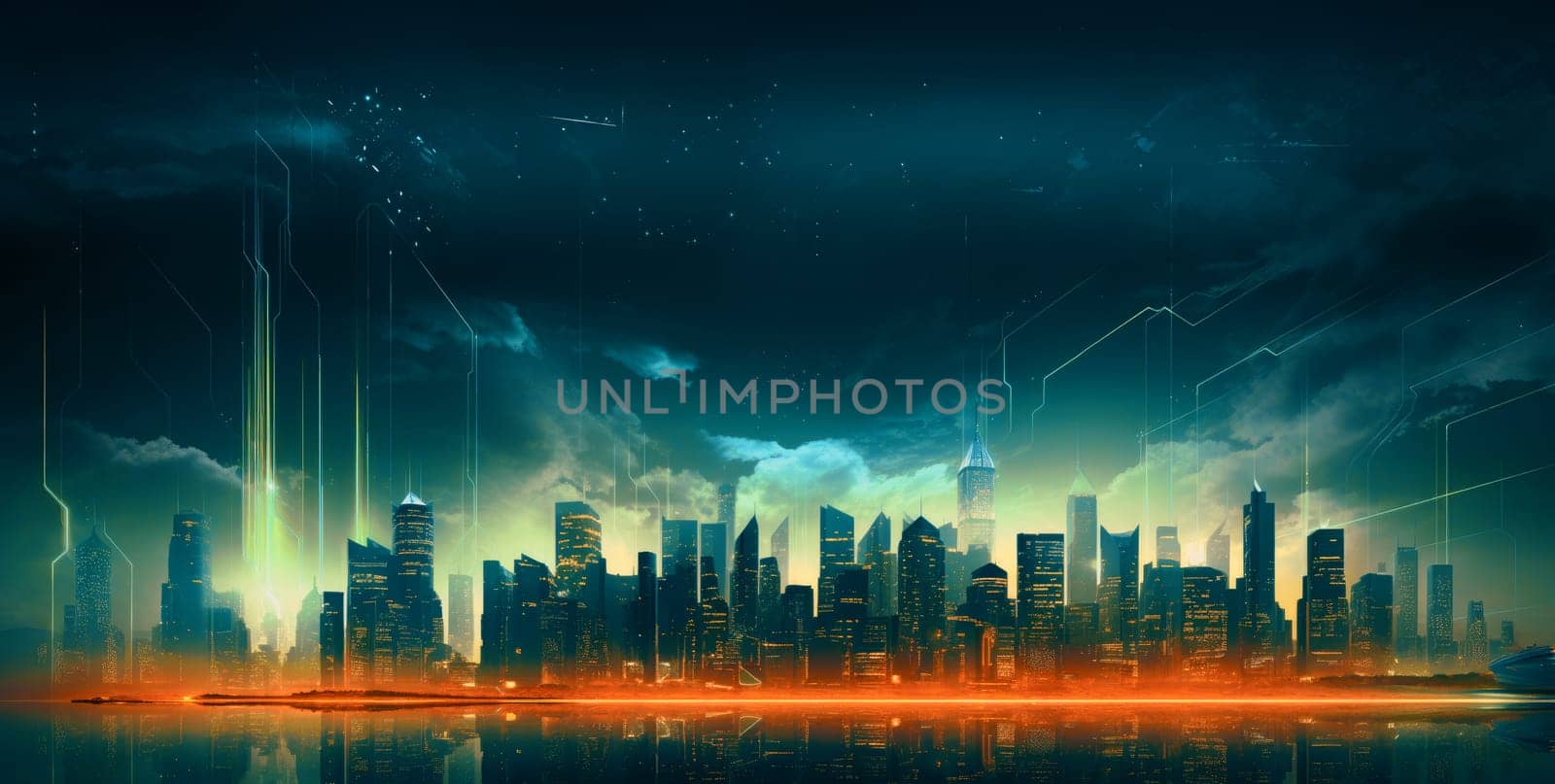 Abstract futuristic night city, Concept for IOT, smart city, speed connection and taintless advanced communication network.