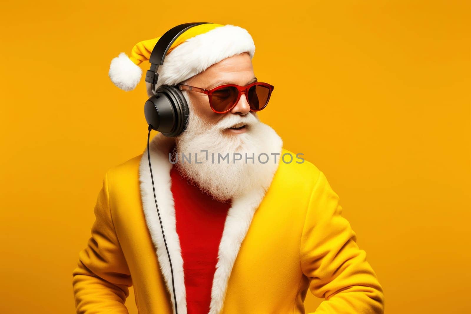 Cool trendy old man in sunglasses and headphones with white beard on yellow background.