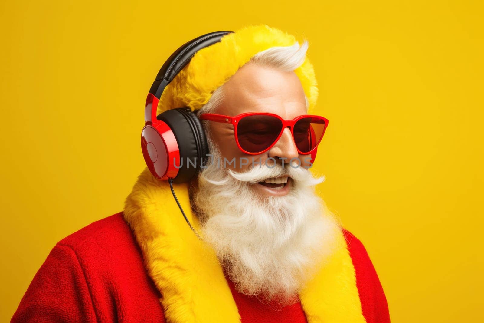Cool trendy old man in sunglasses and headphones with white beard on yellow background.