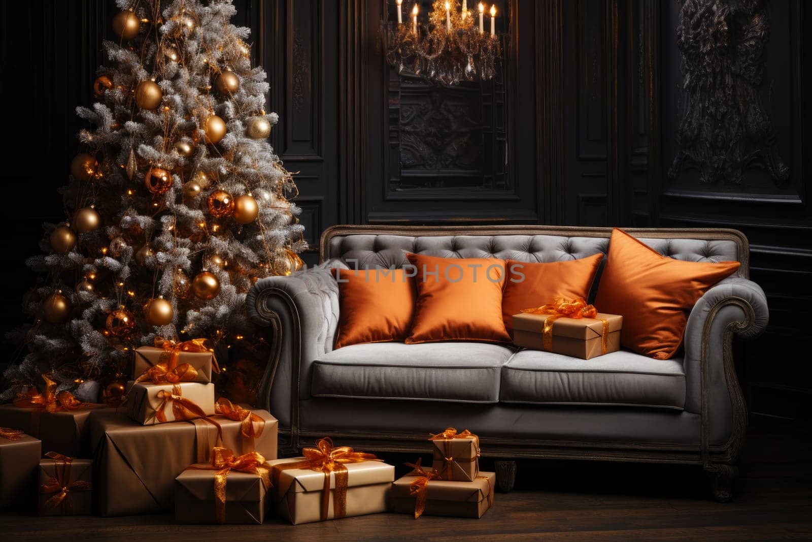 Christmas background with Christmas tree, gifts and sofa against a wall with empty space. Mock up. Christmas card