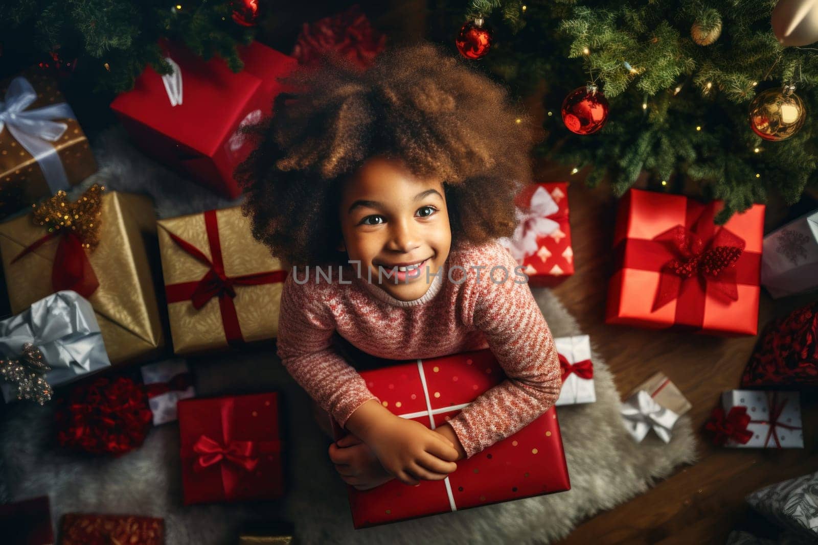 Happy little african american smiling girl with christmas gift boxes on floor near christmas tree.