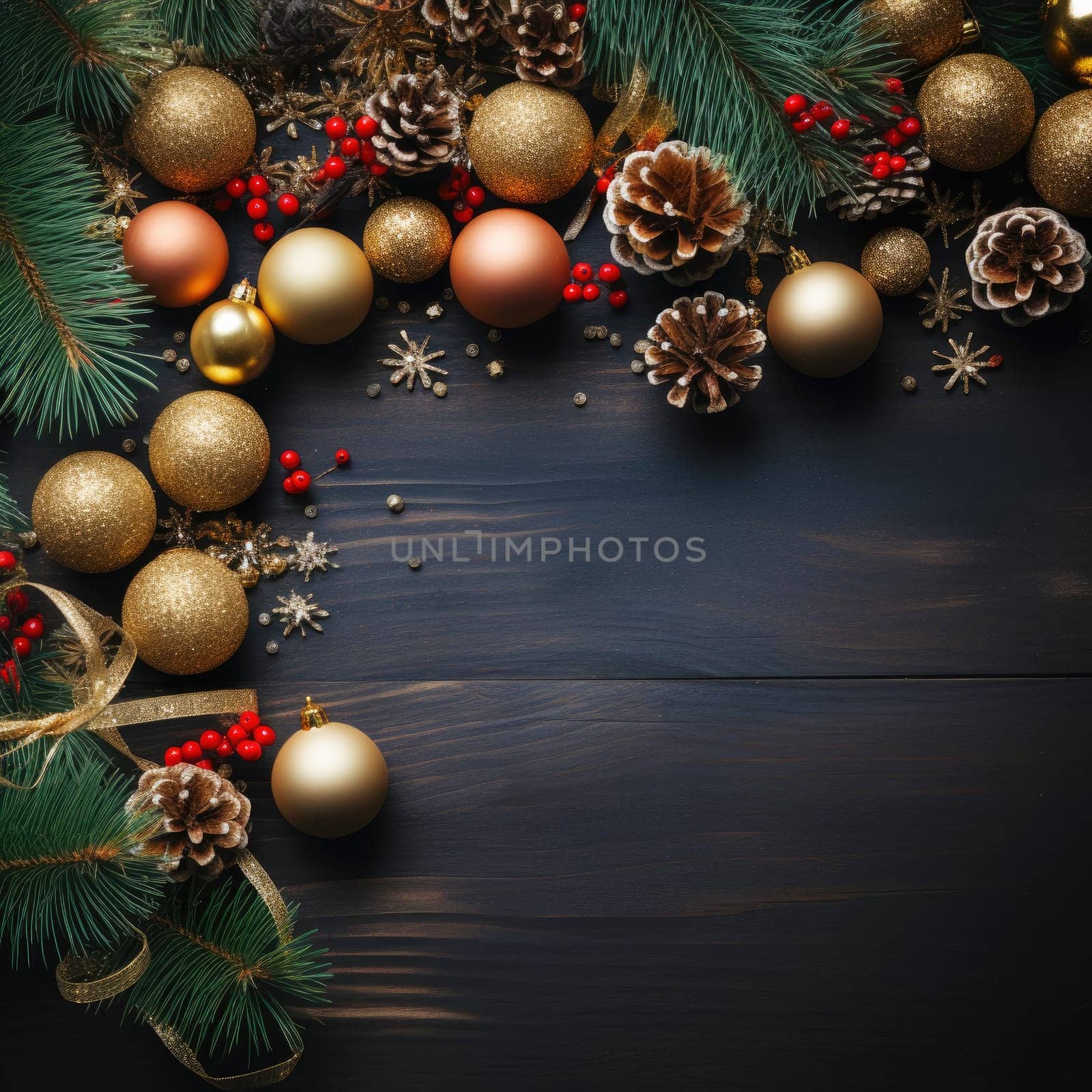 Christmas balls, pine branches and cones on wooden background with copy space. Top view, flat lay