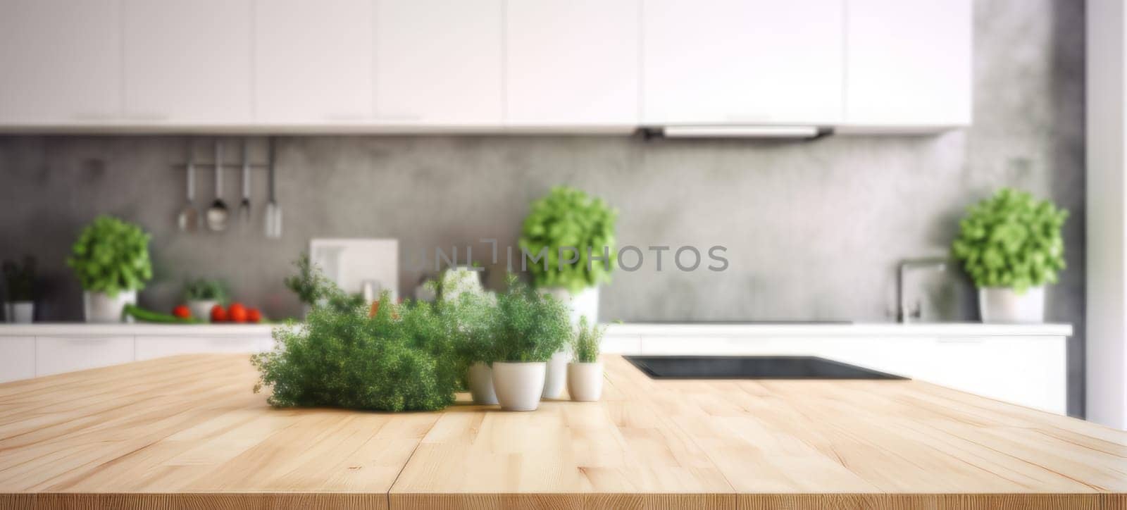 Blurred interior of a white kitchen with a wooden countertop with a green plants.