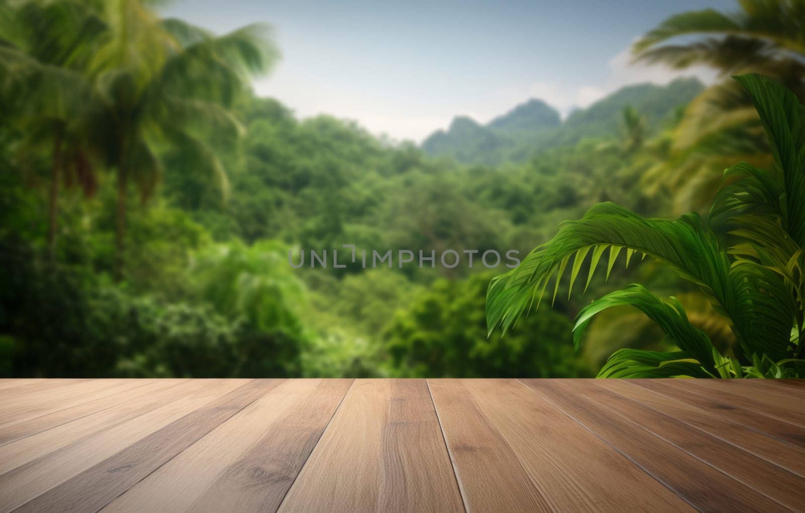 An empty wooden table top against the background of tropical mountains and trees. Mounting style for displaying the product.