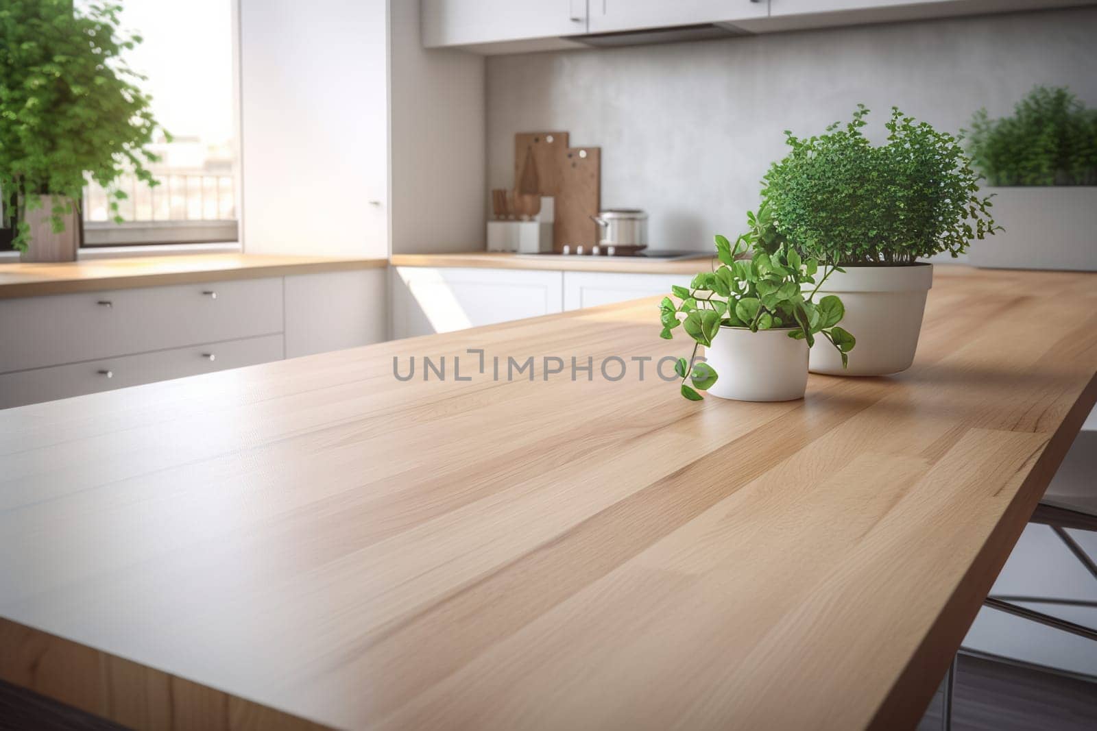 wooden countertop with green plants in white pots on the background of the interior of a white modern kitchen with window in daylight.