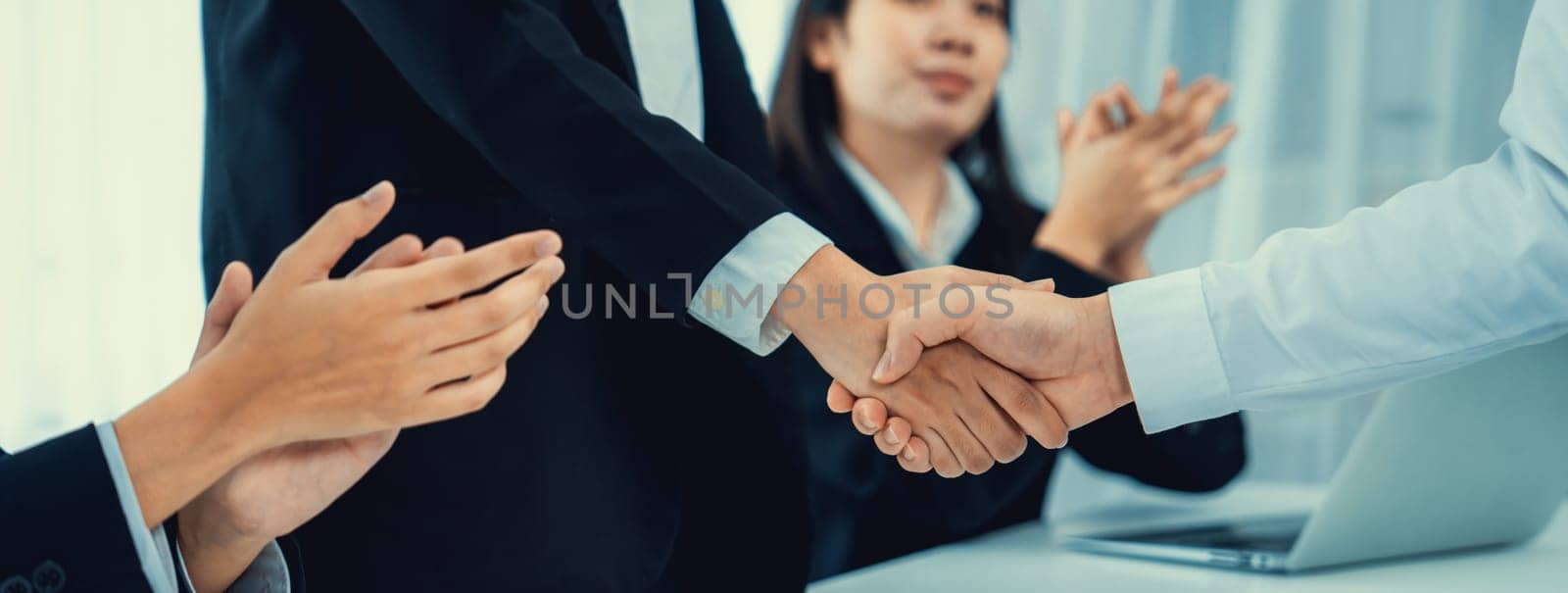 Business people group handshake at meeting table. Job interview success or making successful business oratory agreement