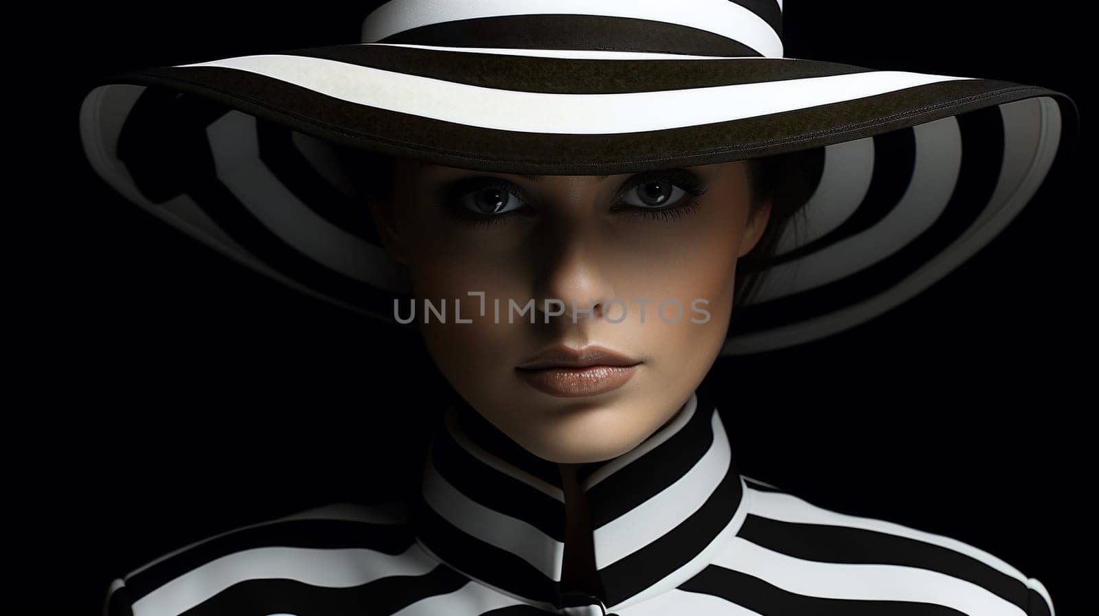A stylish woman confidently wears a large Hat, adding a touch of chic to her striped shirt and completing her portrait as a fashion-forward person - generative AI