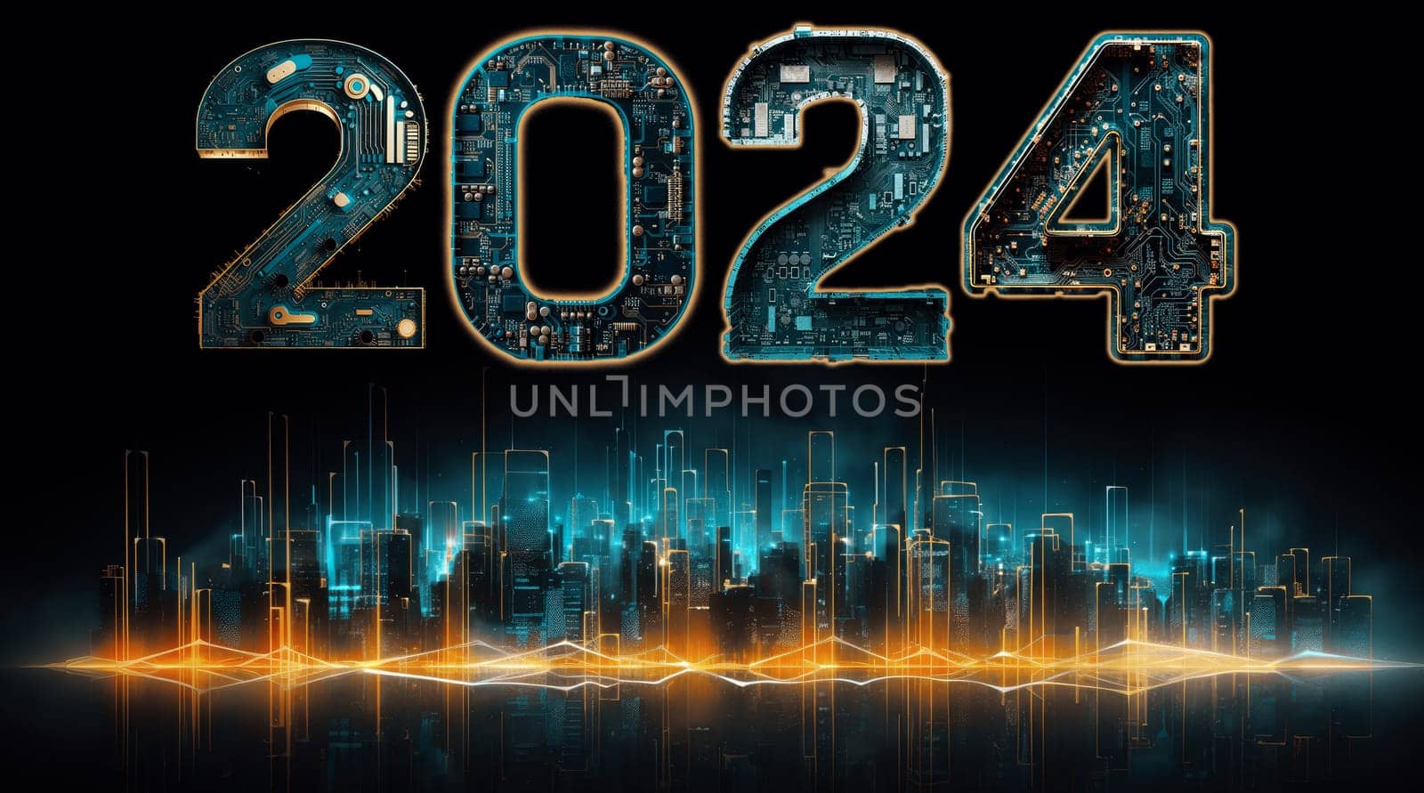 2024 new year, digital technology concept, above futuristic city skyline computer and artificial intelligence, AI for 2024 taintless lifestyle