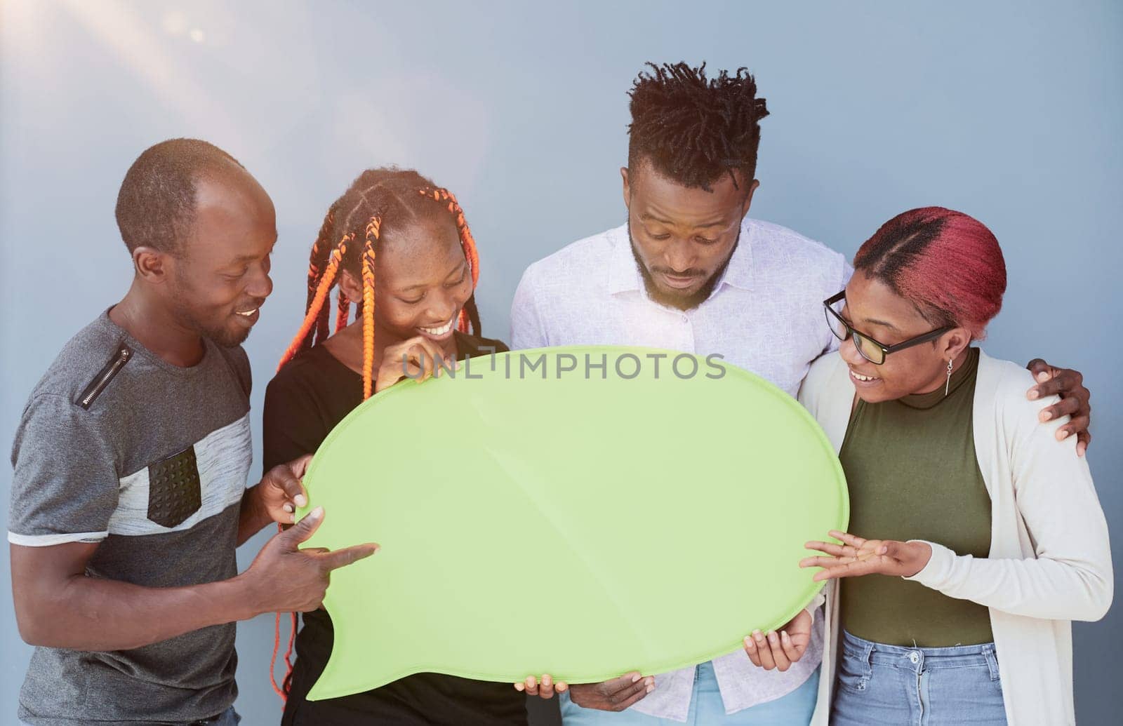 Young african american friends holding up copyspace placard thought bubbles by Prosto
