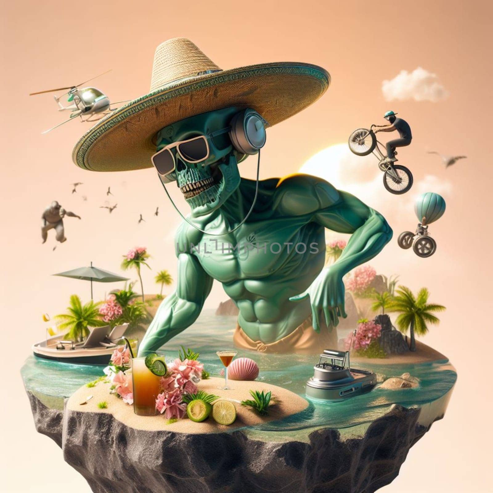 steampunk skater fashionable cool deejay alien mariachi hosting party in tropical island at sunset by verbano