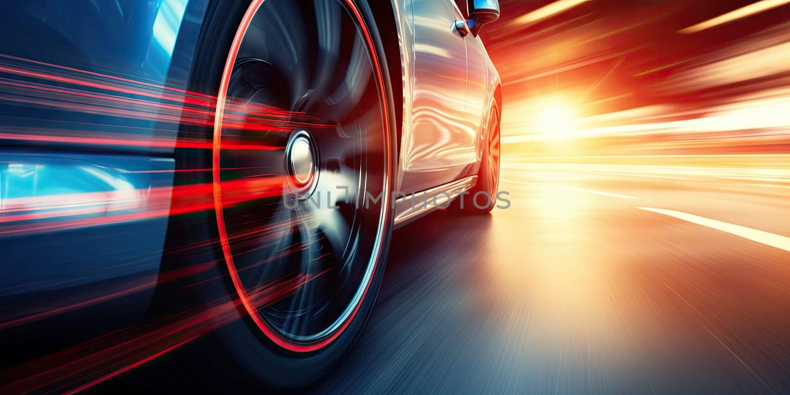 Car wheels close up, Sports car racing on the race track. Generative AI by nateemee