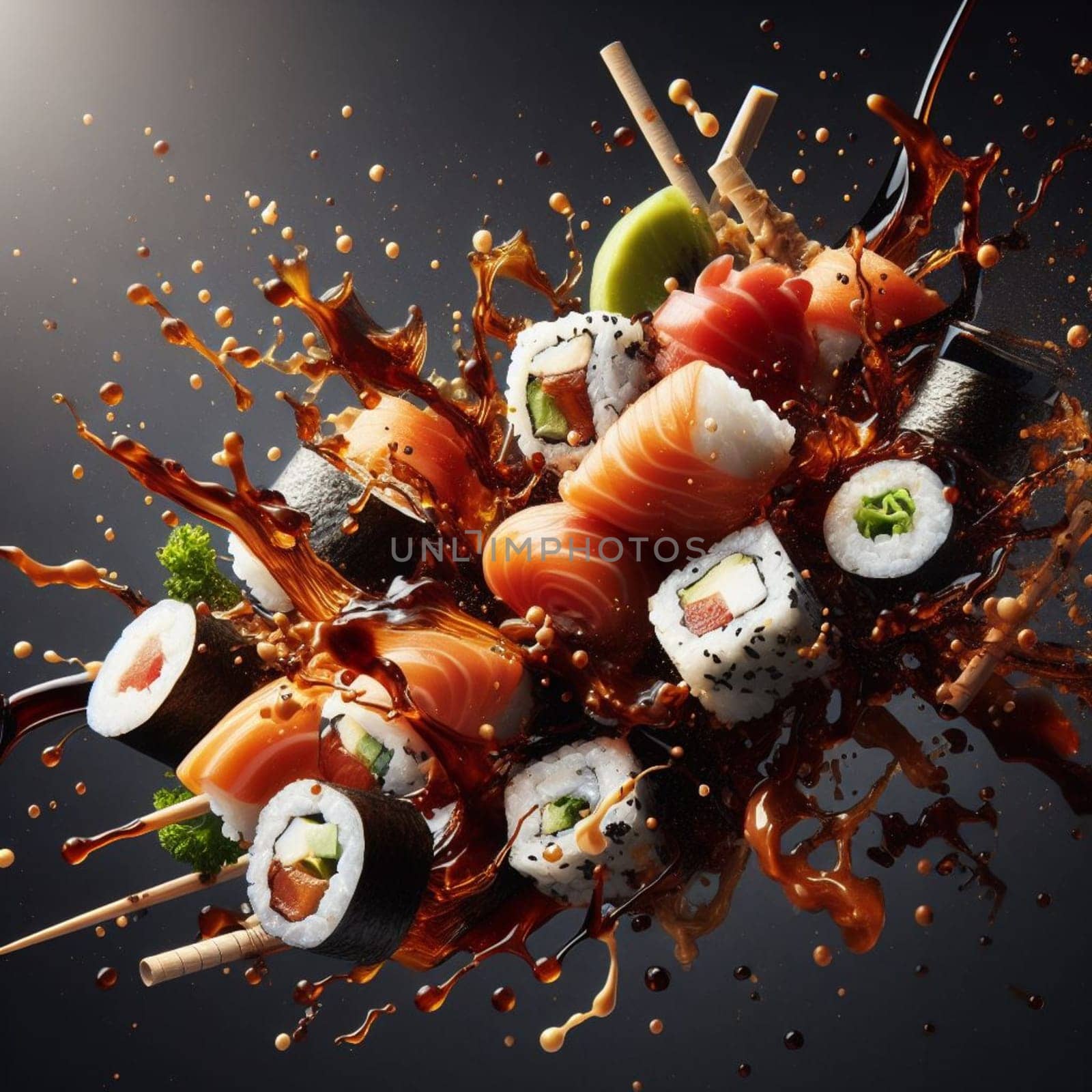 fly sushi roll sashimi japan food and ingredients soy sauce splash, stick, concept illustration by verbano