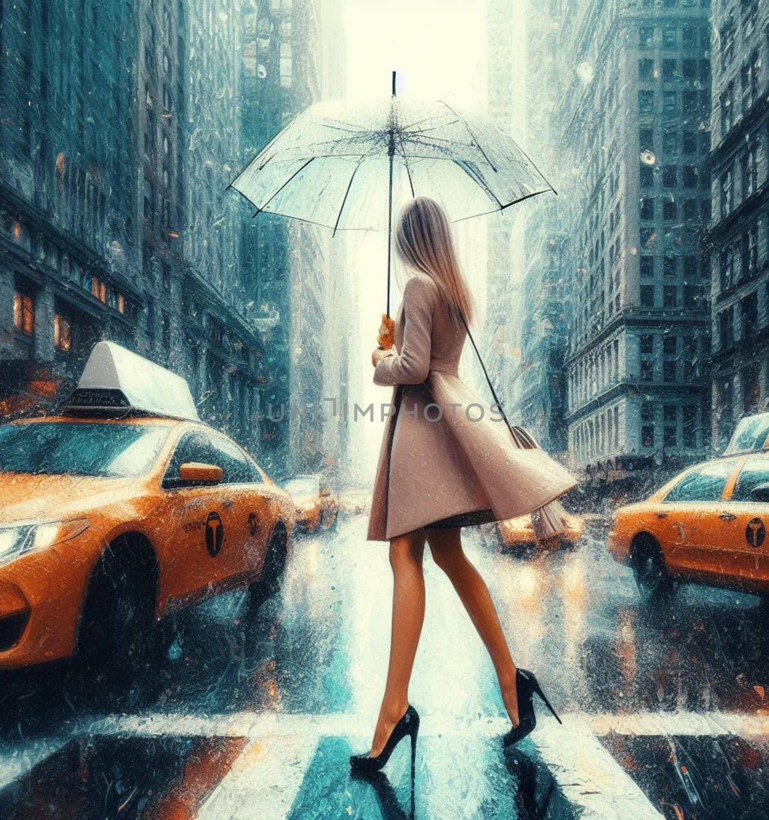 fit business woman use umbrella under rain in New York City among traffic, crossing street painting by verbano