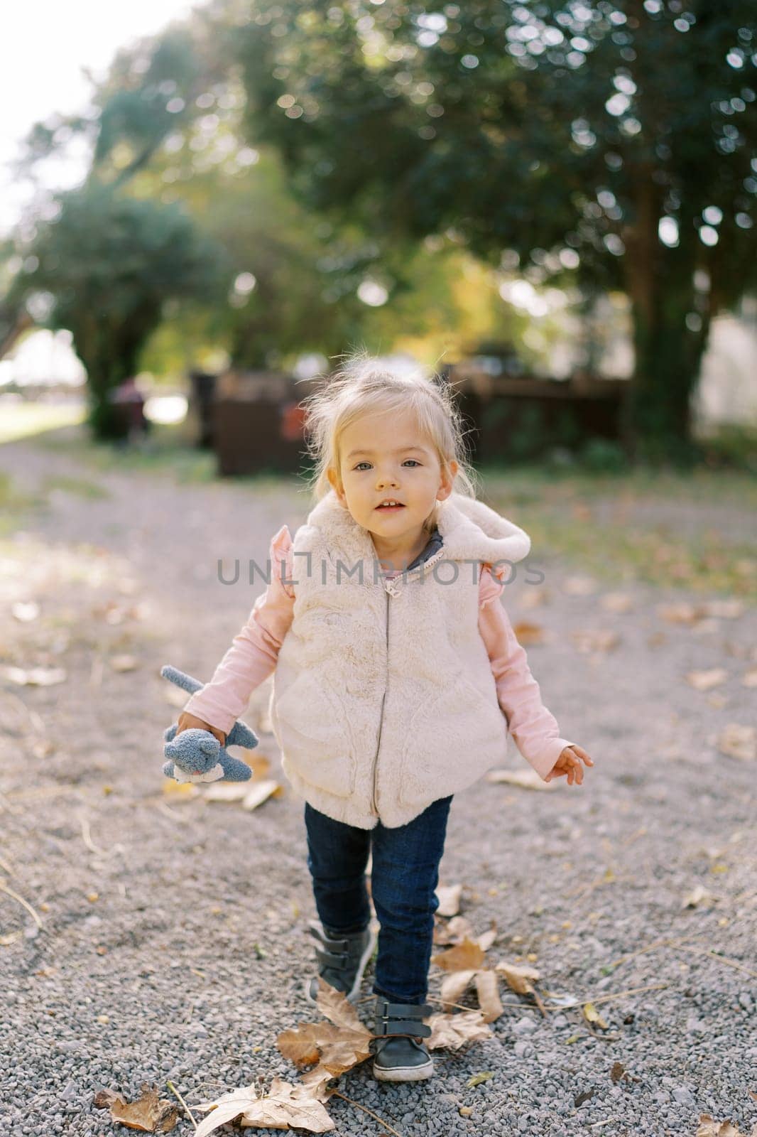 Little girl with a toy walks along a path among fallen leaves. High quality photo