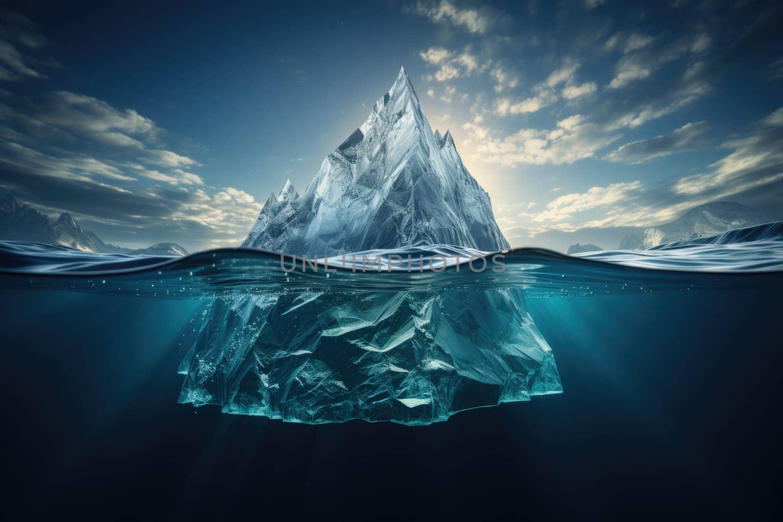 Iceberg in clear blue ocean generate with Ai by prathanchorruangsak