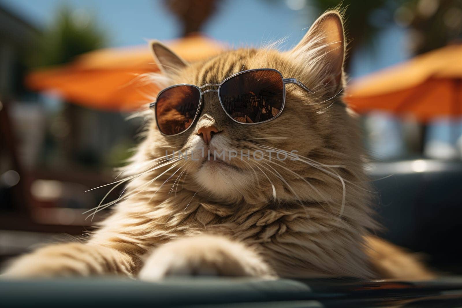 cat relaxing on desk chair at the beach Generate with Ai. High quality photo